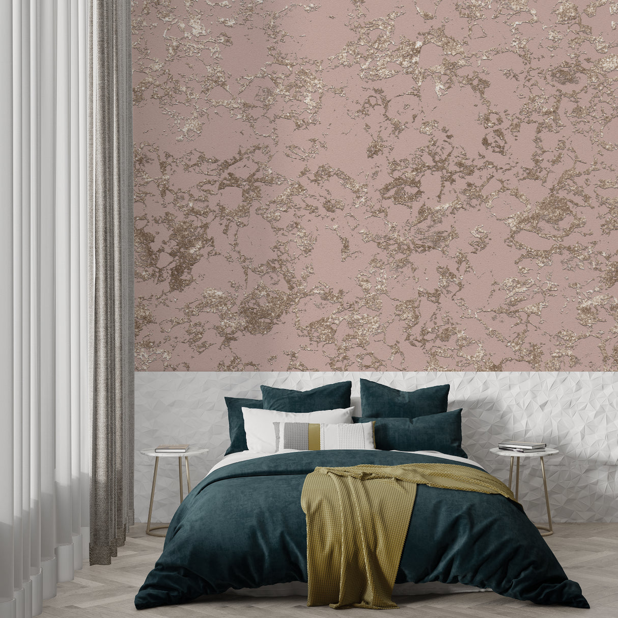 Master bedroom with pink and gold abstract marble wallpaper creating cozy atmosphere
