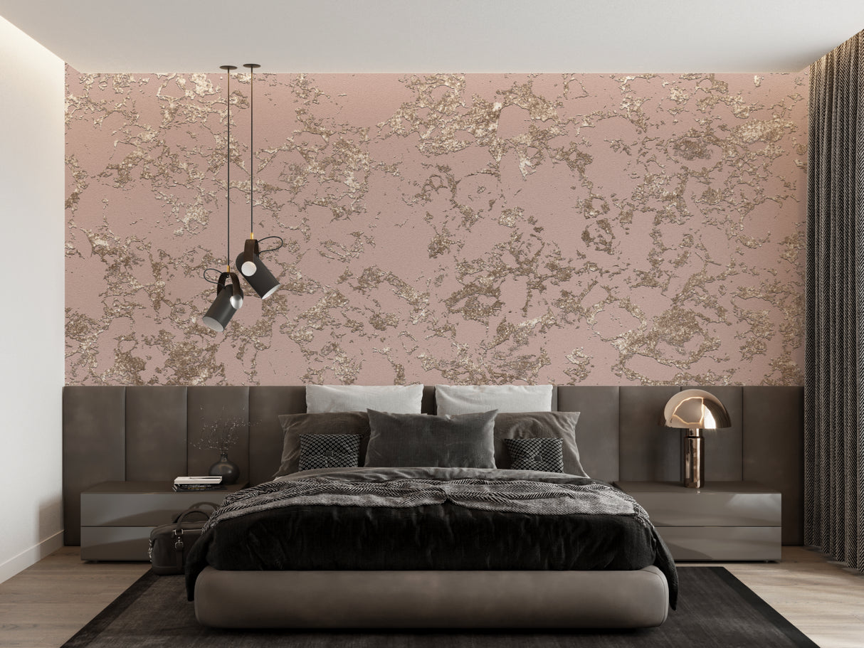 Home office space with pink marble accent wall showing golden veining detail