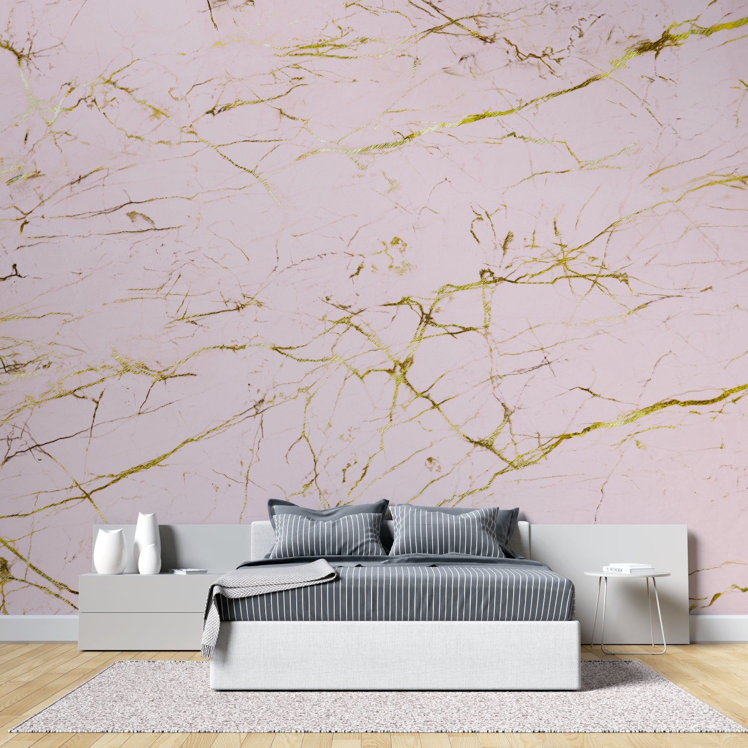 Master bedroom with pink and gold marble accent wall creating a luxurious atmosphere