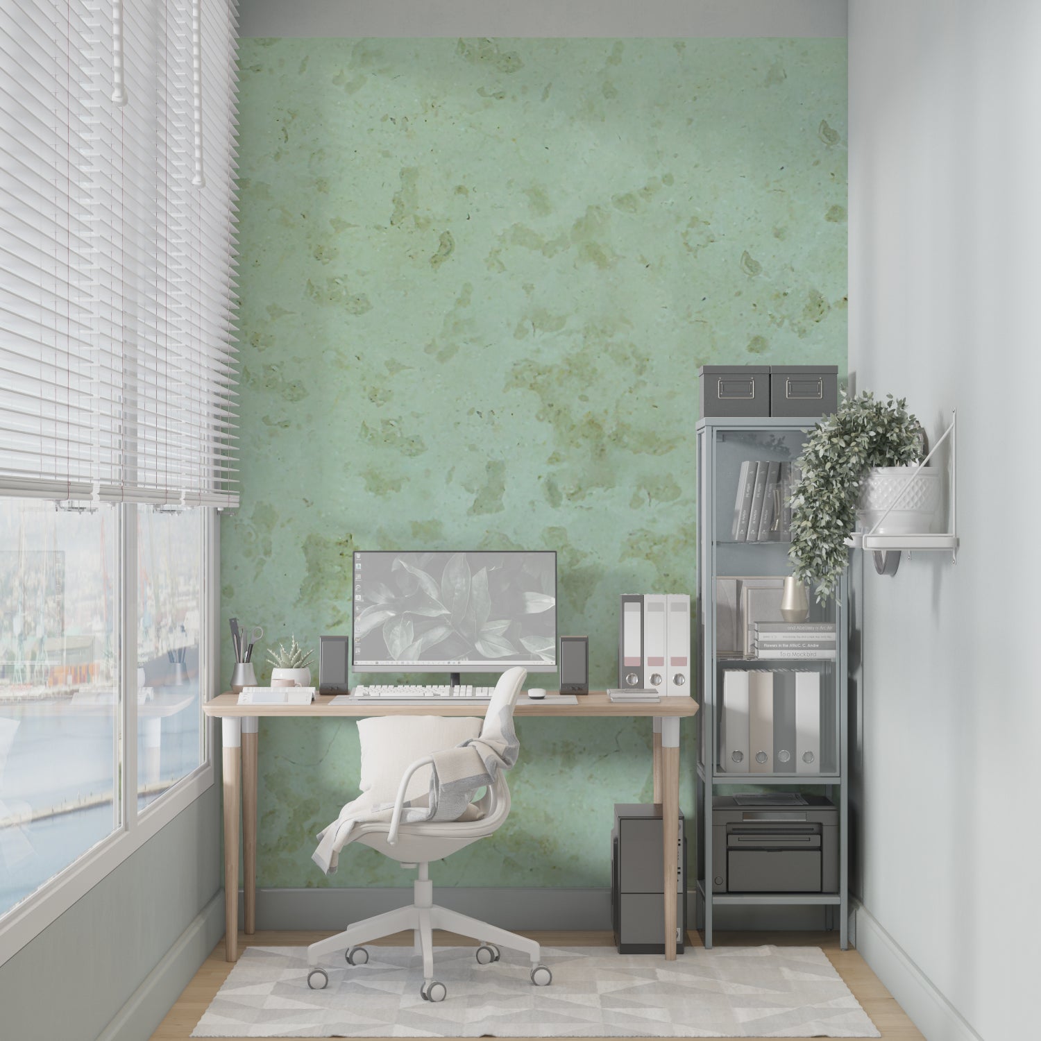 Home office with textured green marble wallpaper showing subtle pattern detail