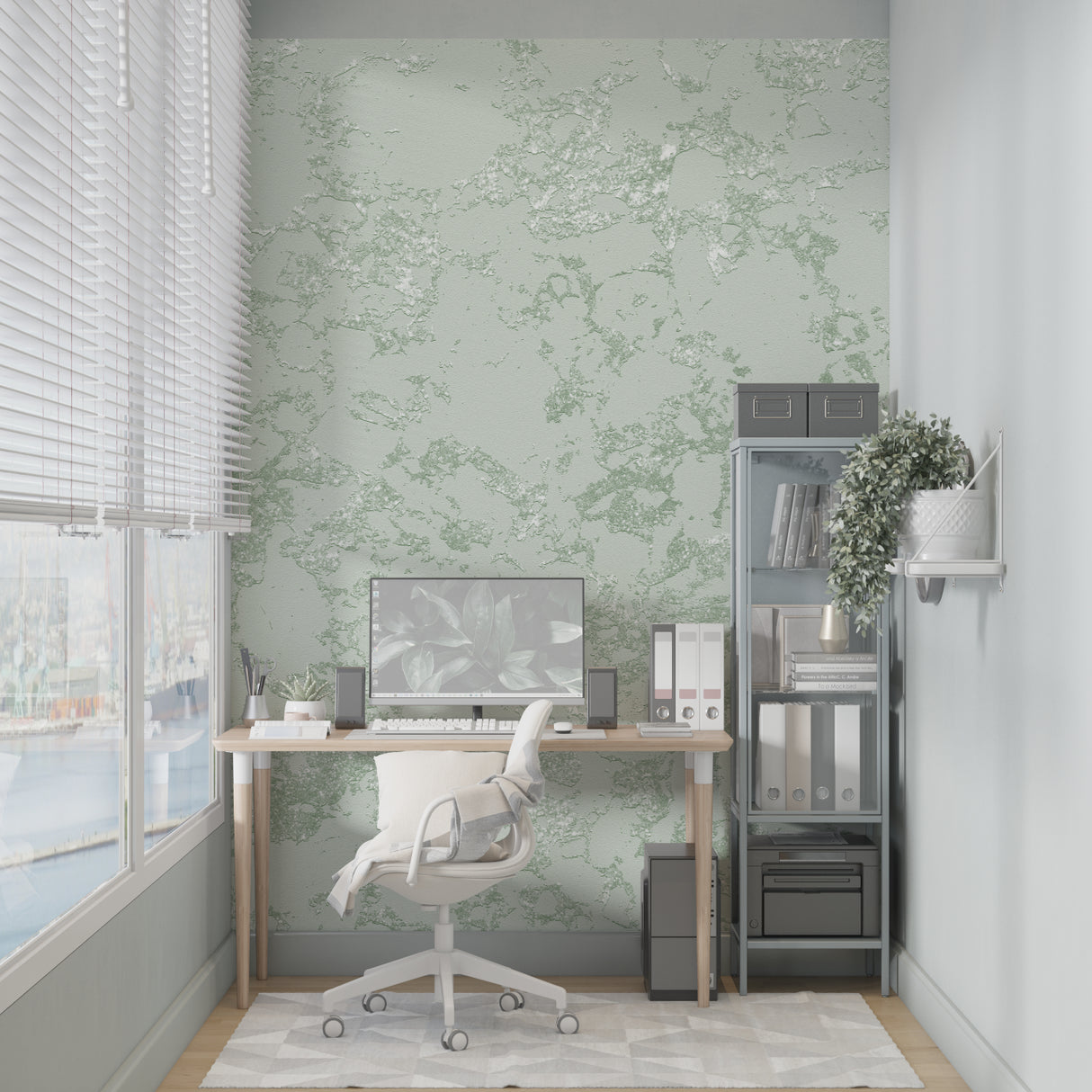 Textured marble wall mural in sage green adorning an elegant dining room wall