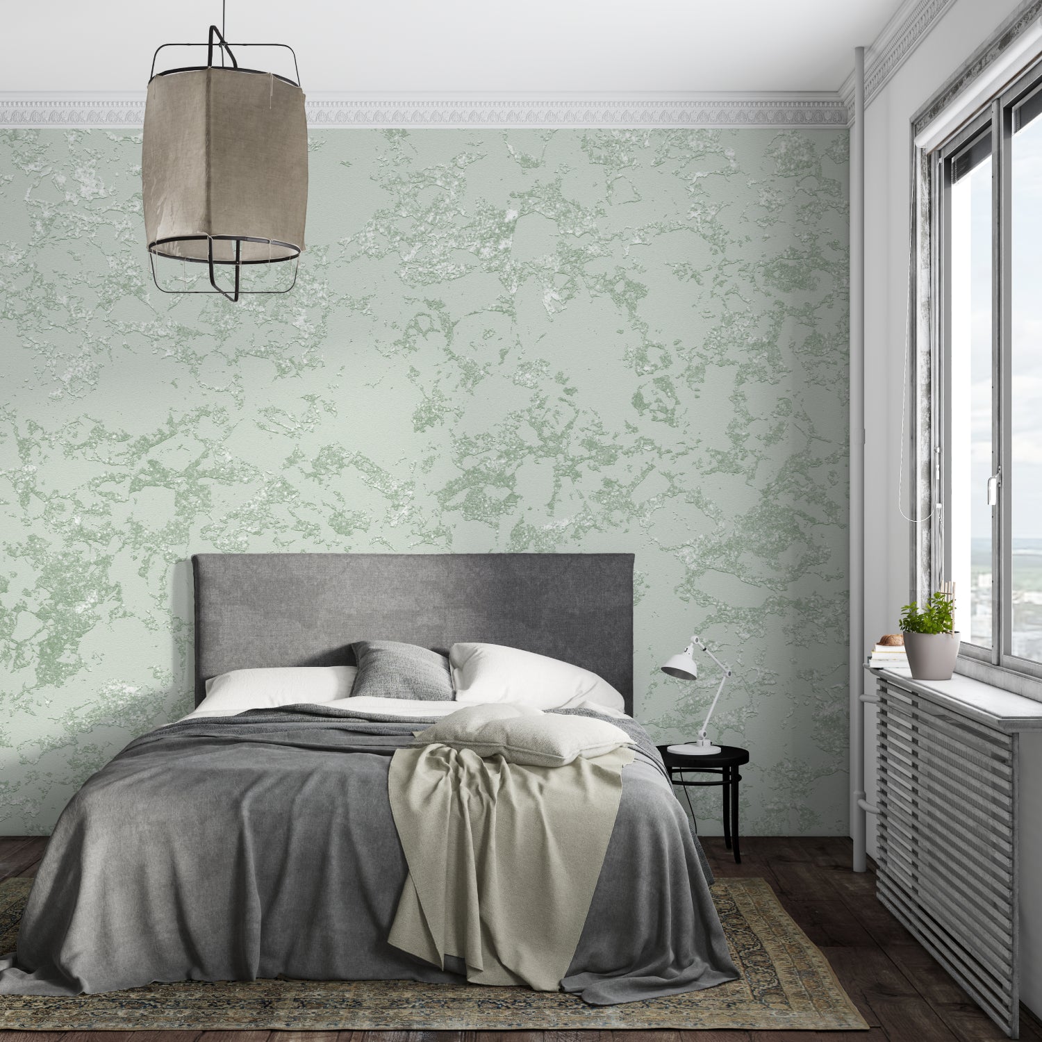 Green marble effect wallpaper making a statement in a minimal home office