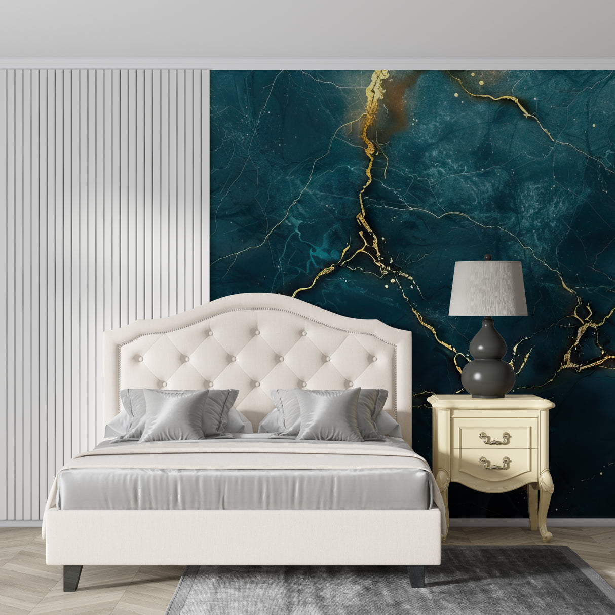 Marble wallpaper with teal and gold veins creating depth in a modern living room setting