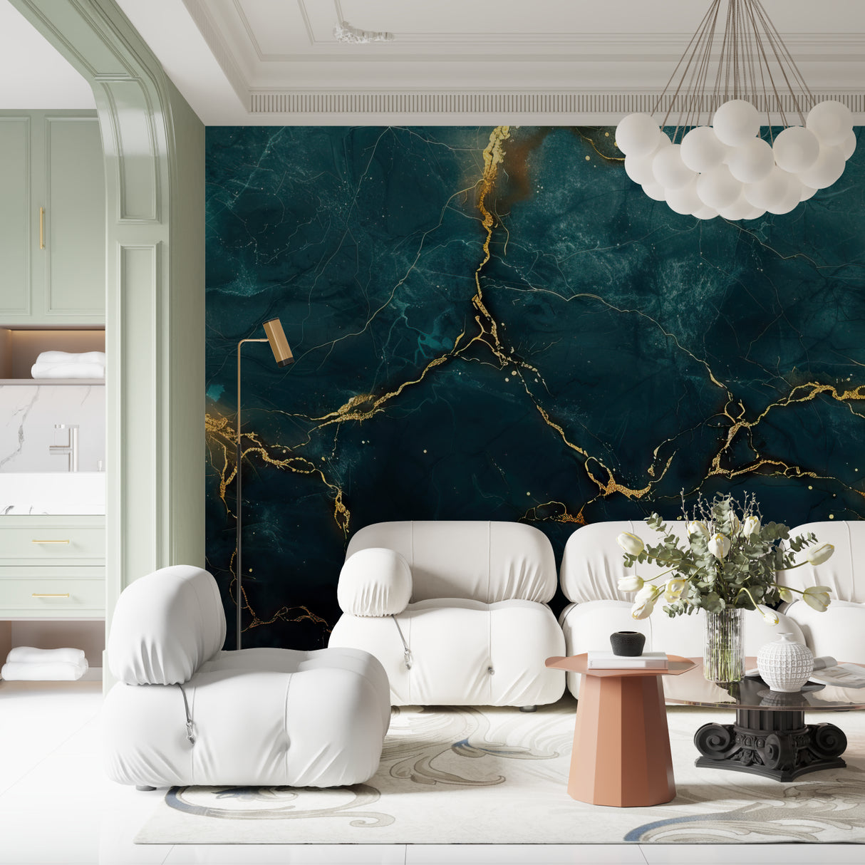 Luxury teal and gold marble wallpaper showcased in an elegant dining room