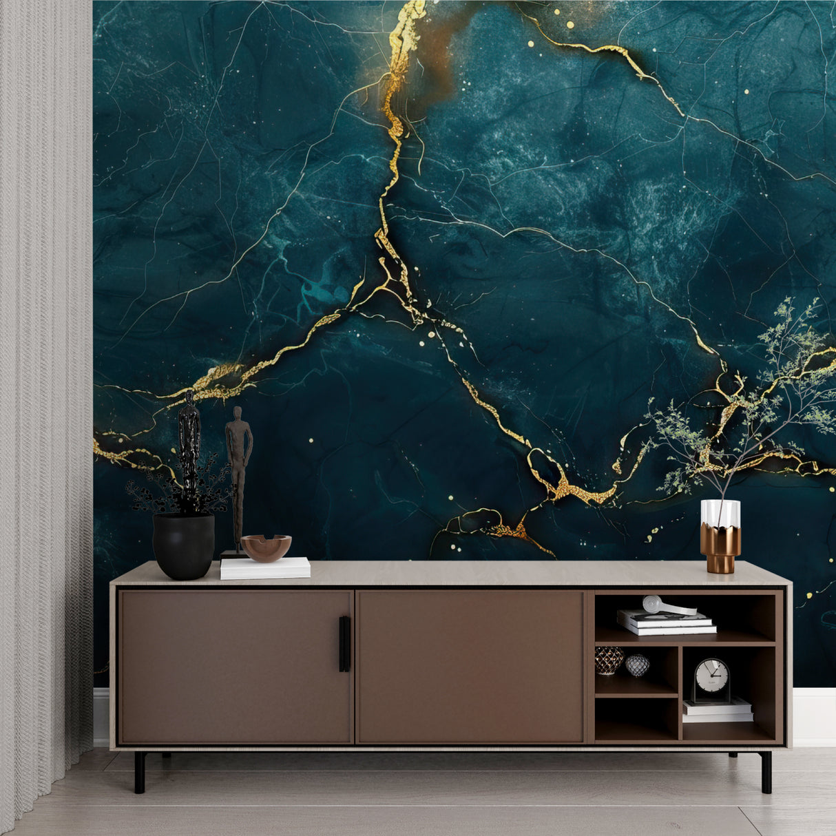 Gold marble accent wall in master bedroom with teal tones