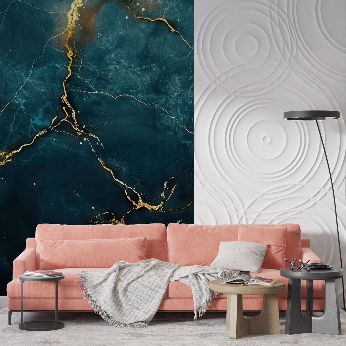 Marble wall mural displaying rich teal and gold veining in home office
