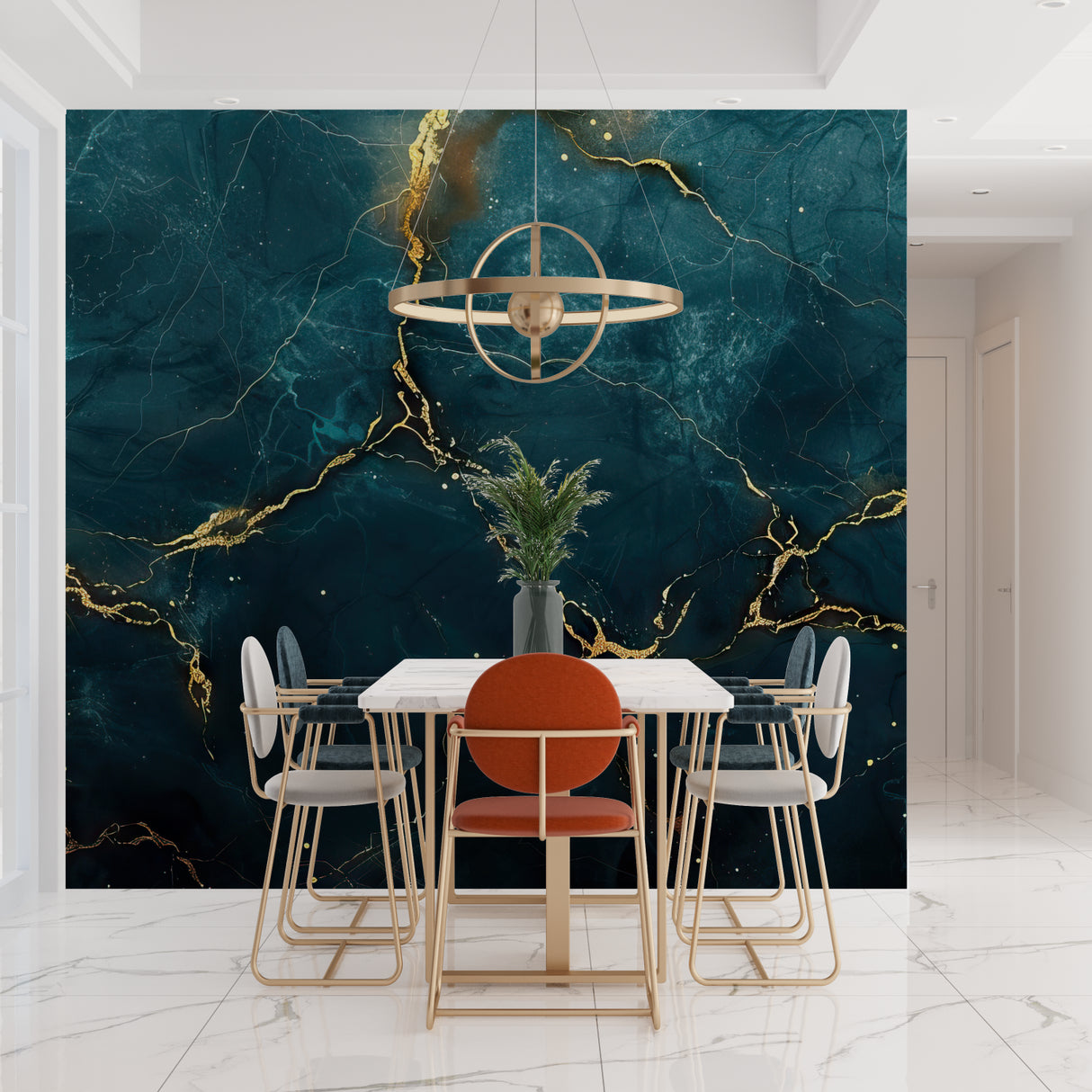 Modern entryway featuring teal and gold marble wallpaper design