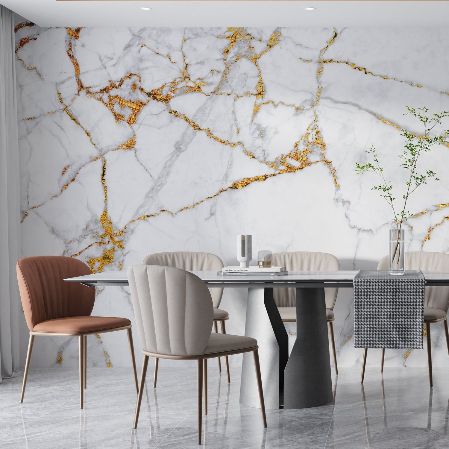 White and gold marble wallpaper in modern dining room with crystal chandelier