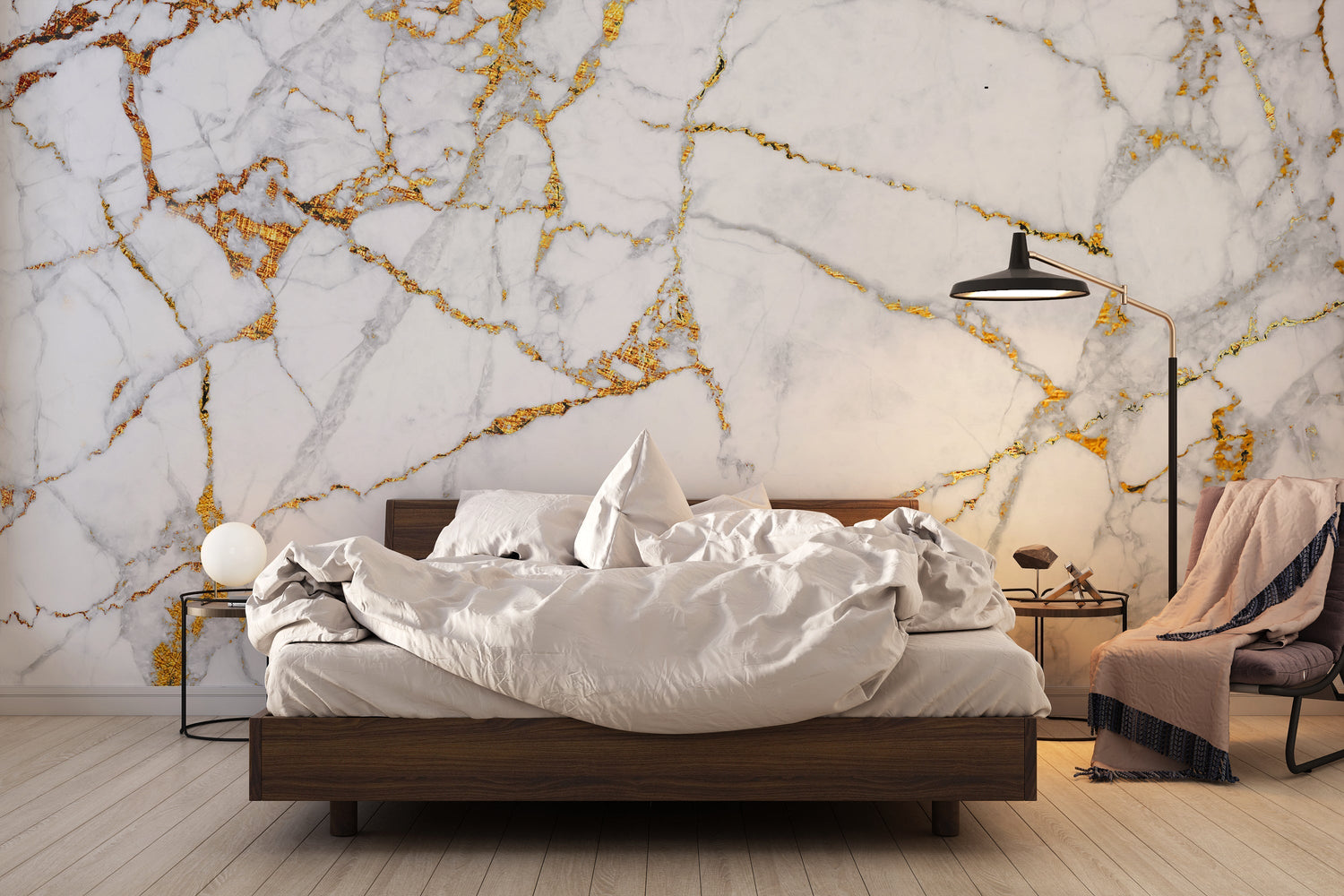 White marble wallpaper with gold veins in home office setting