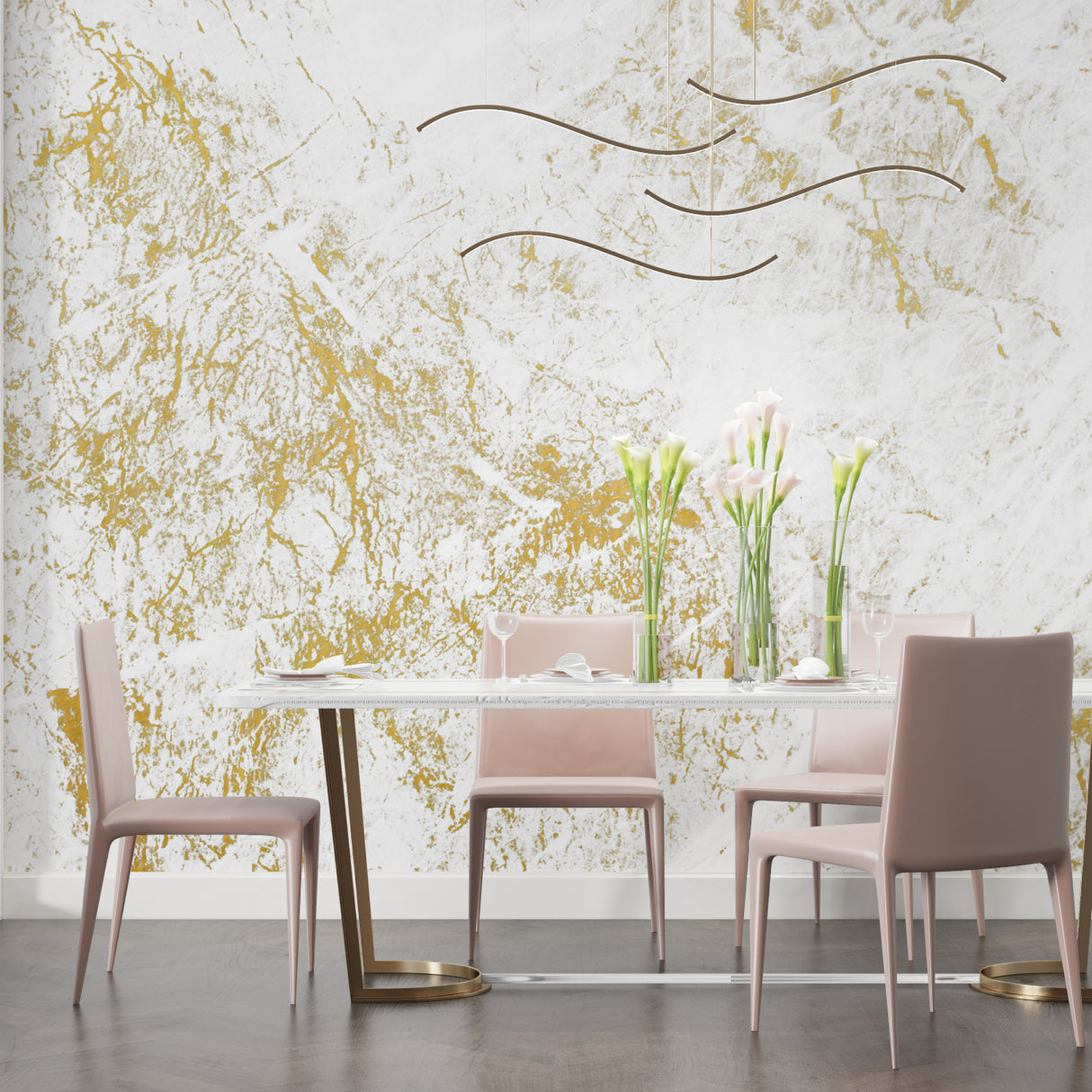 Luxury marble effect wallpaper featuring in upscale dining room setting