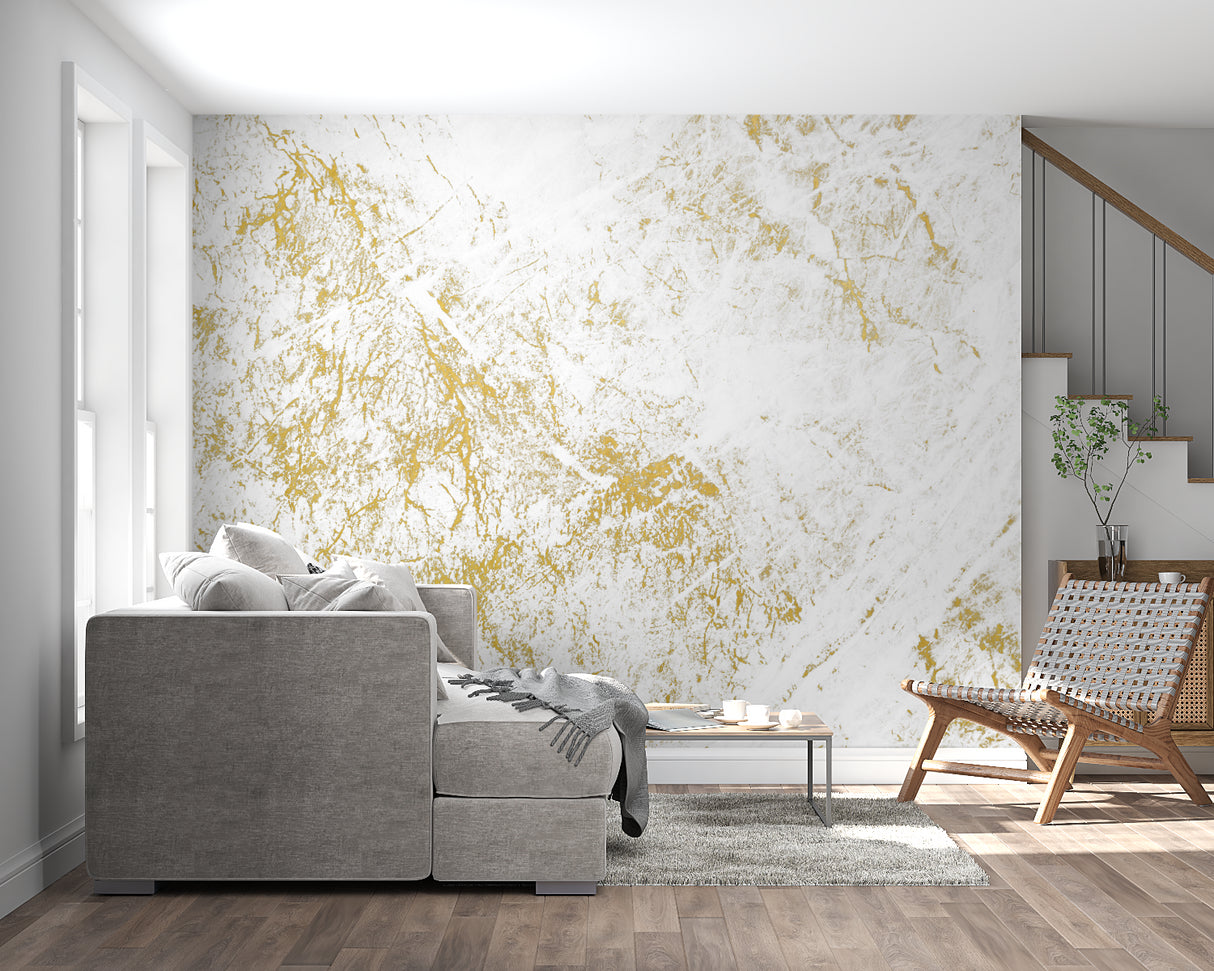 Master bedroom with white and gold marble wall mural creating elegant atmosphere