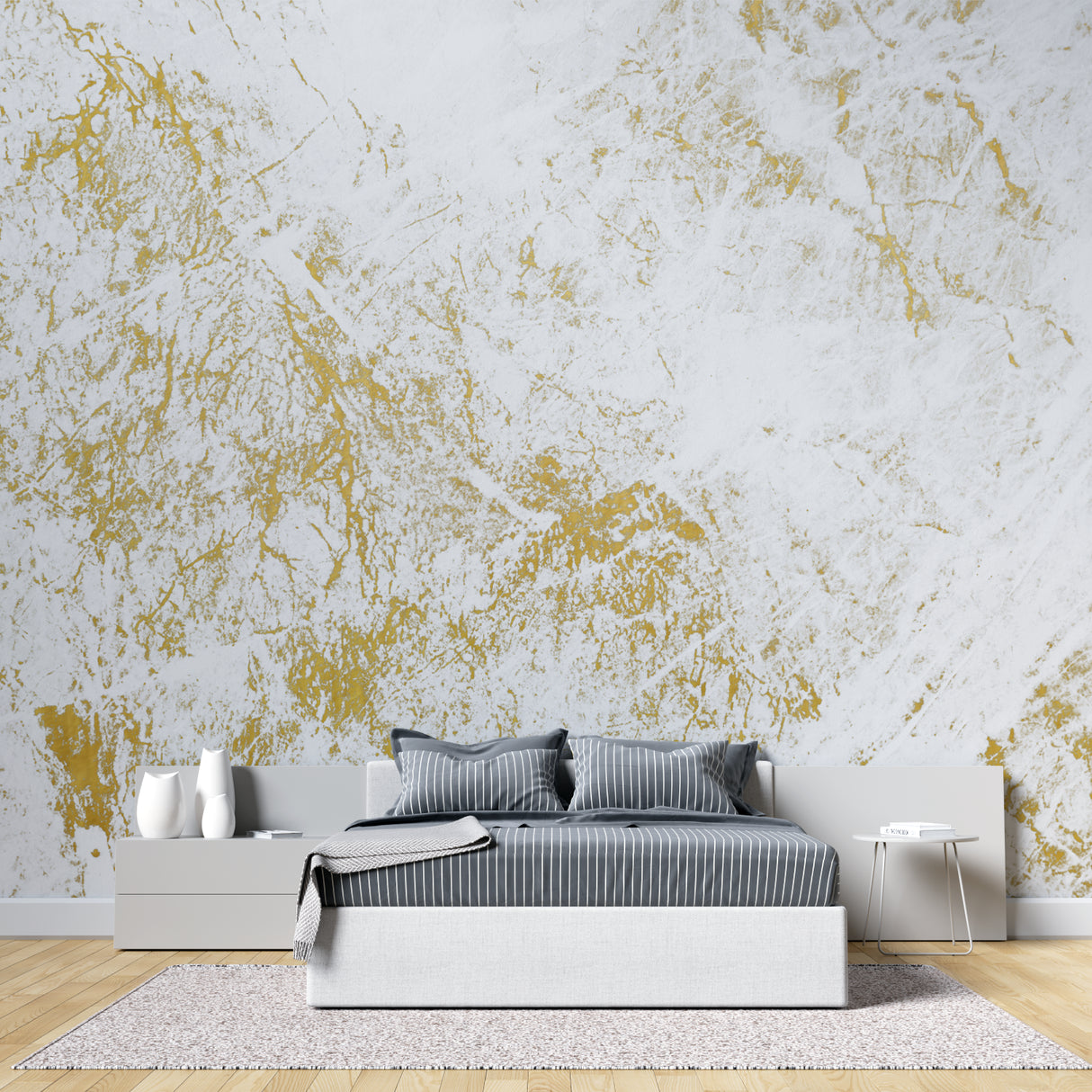 Hotel-style bathroom showcasing marble pattern wallpaper with gold accents