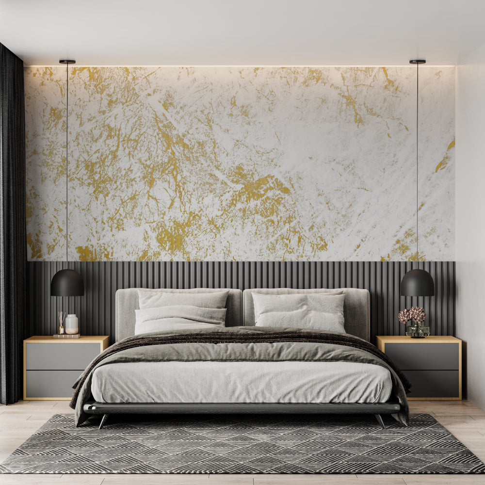 Office space transformed with white and gold marble wallpaper design