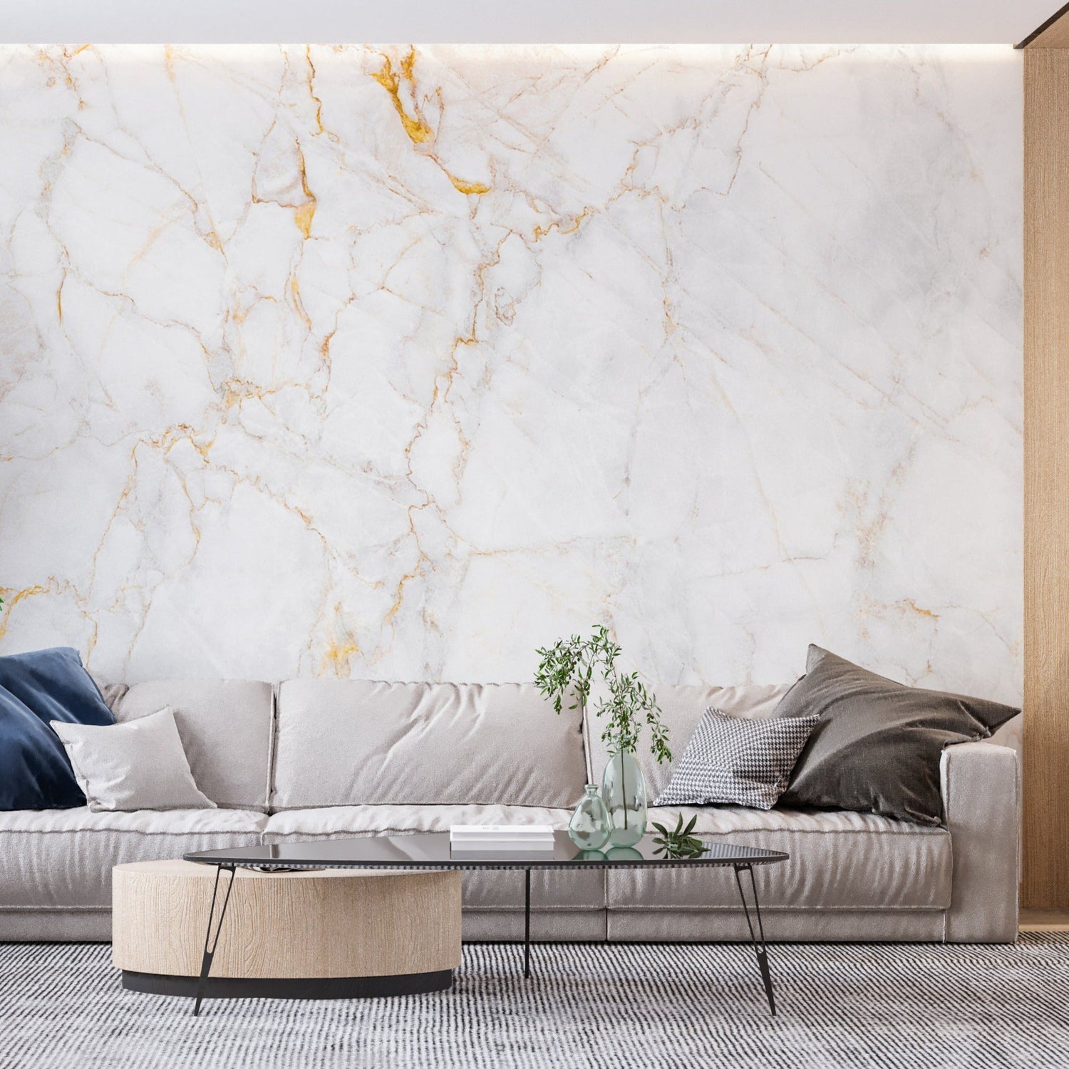 White and gold marble wallpaper in modern living room creating bright, open atmosphere