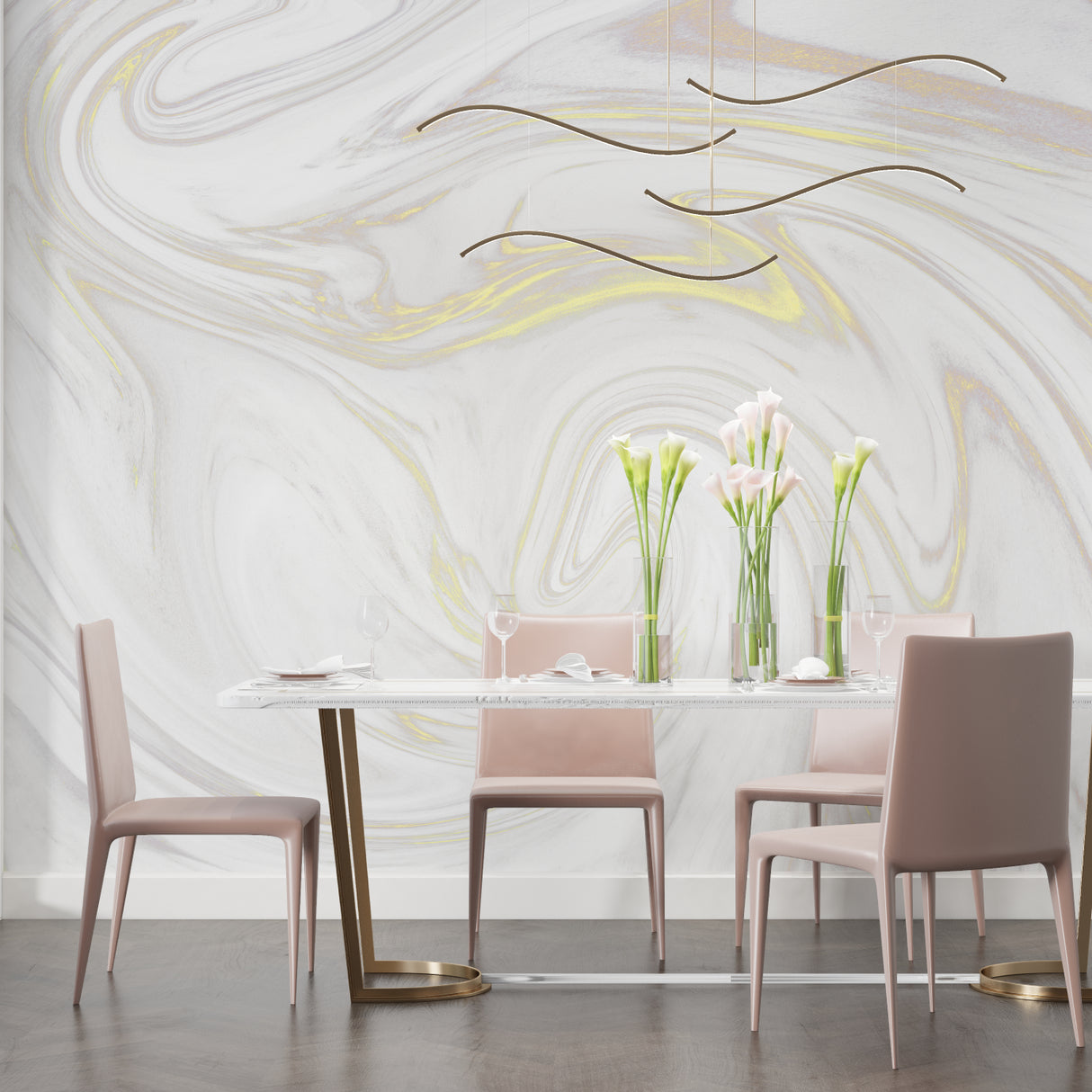 Marble wallpaper with gold swirls creating depth in a modern living room setting