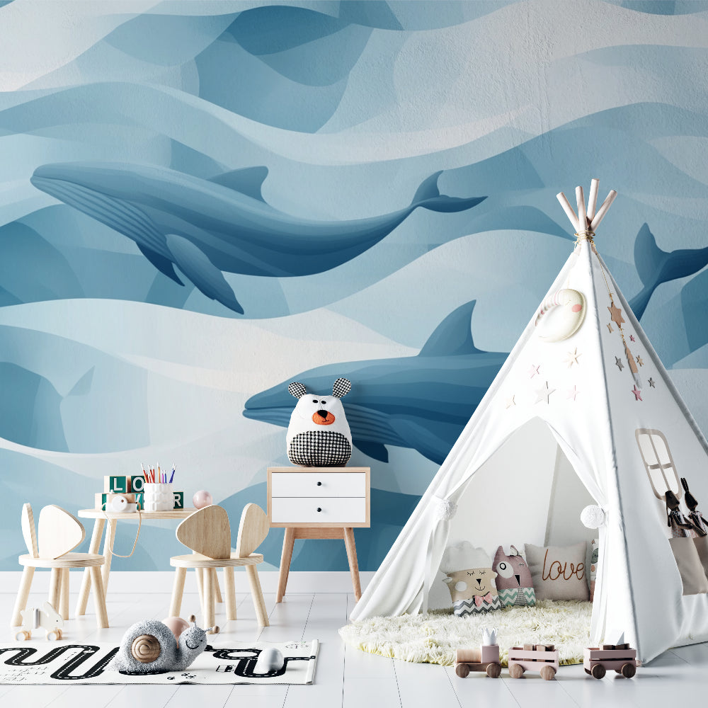 Marine animals wallpaper creating a dreamy atmosphere in a modern nursery with blue whales swimming through clouds