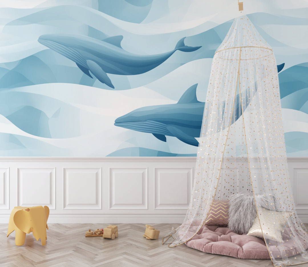 Marine life wallpaper showcasing gentle giants in a modern living room setting