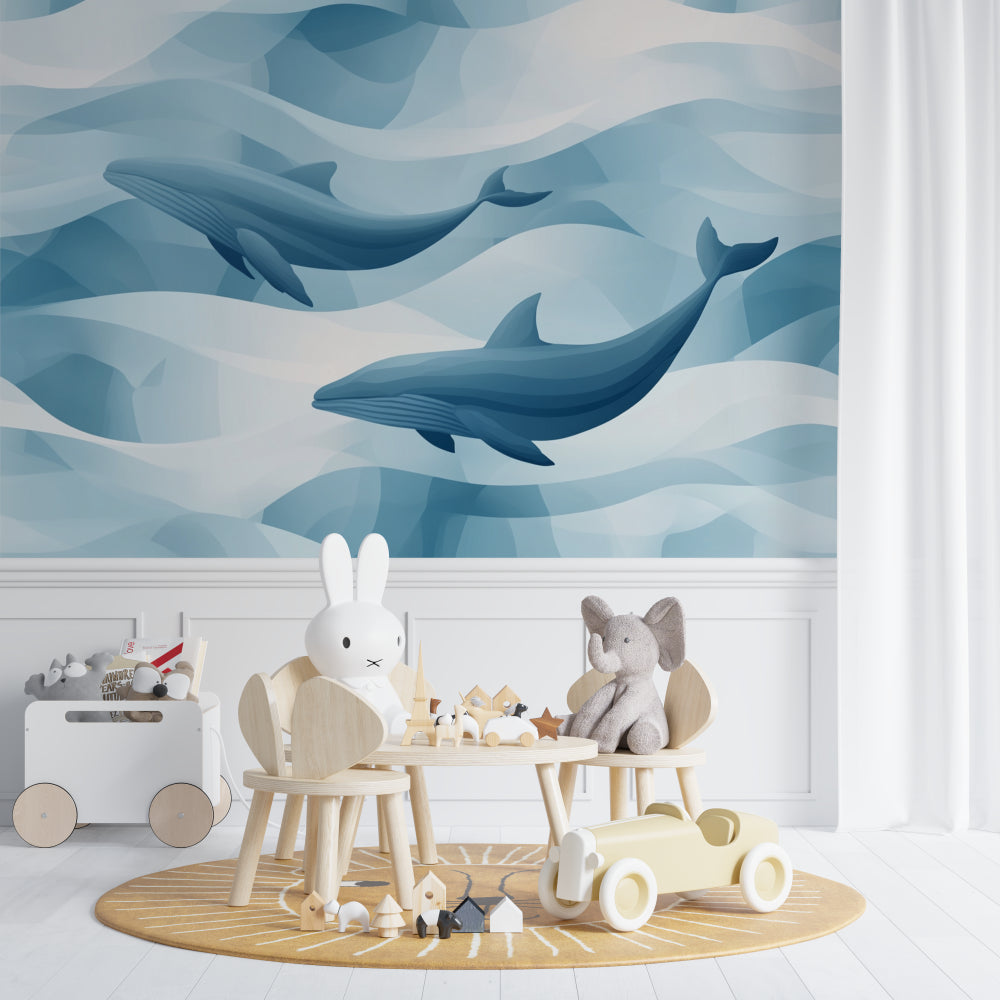 Ocean-themed wallpaper creating depth in a reading nook with floating whales and clouds