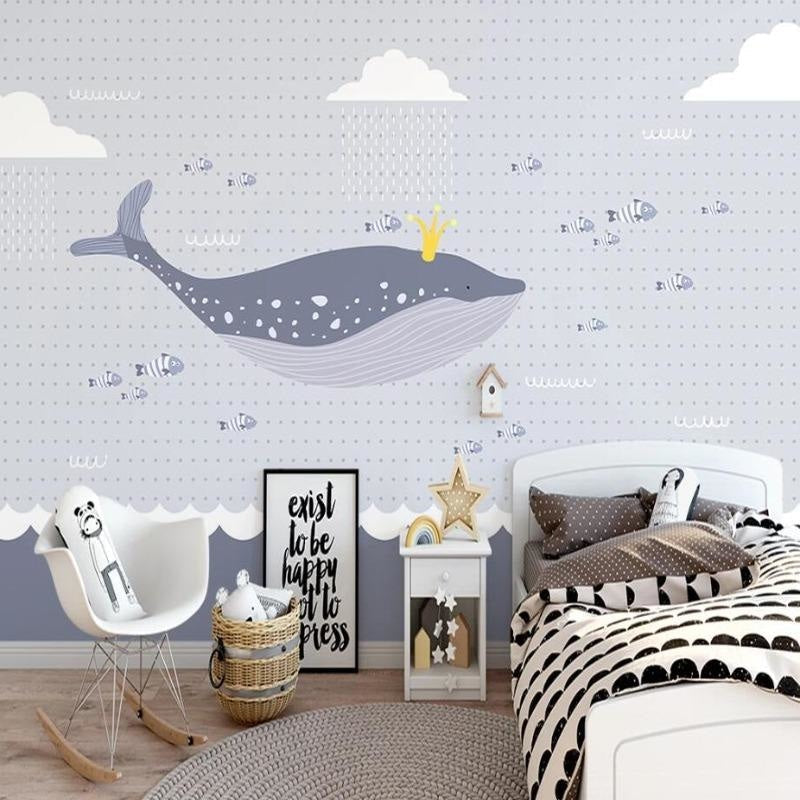 Whale mural wallpaper featured in a cozy reading nook with natural lighting