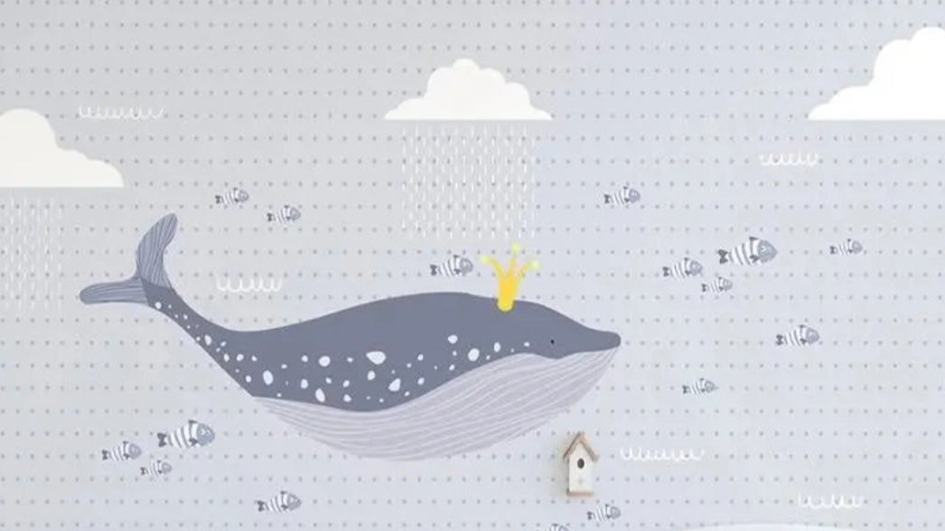 Marine animals wallpaper design file showing crowned whale pattern with silver fish details