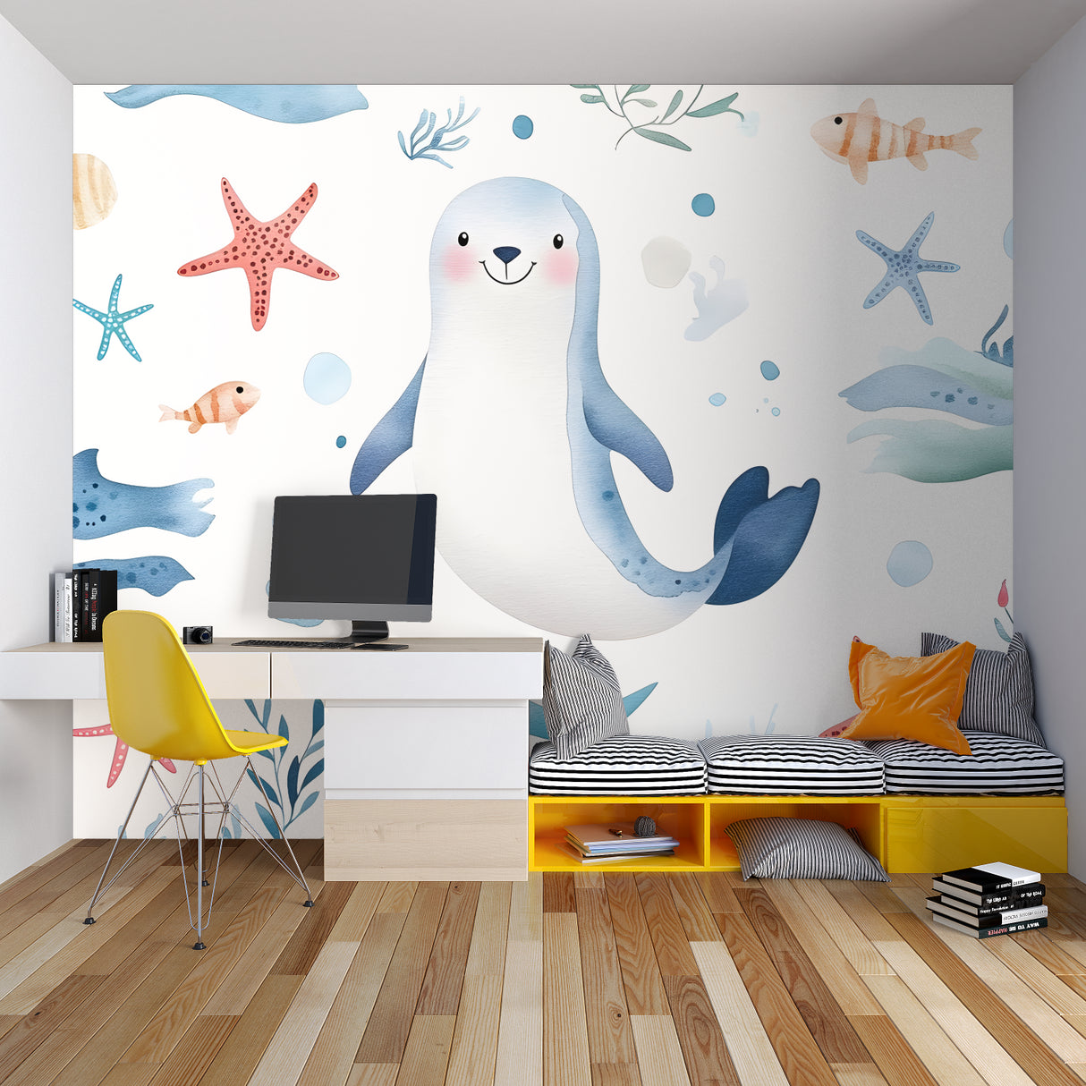Ocean themed kids bedroom featuring seal and starfish wallpaper with reading nook