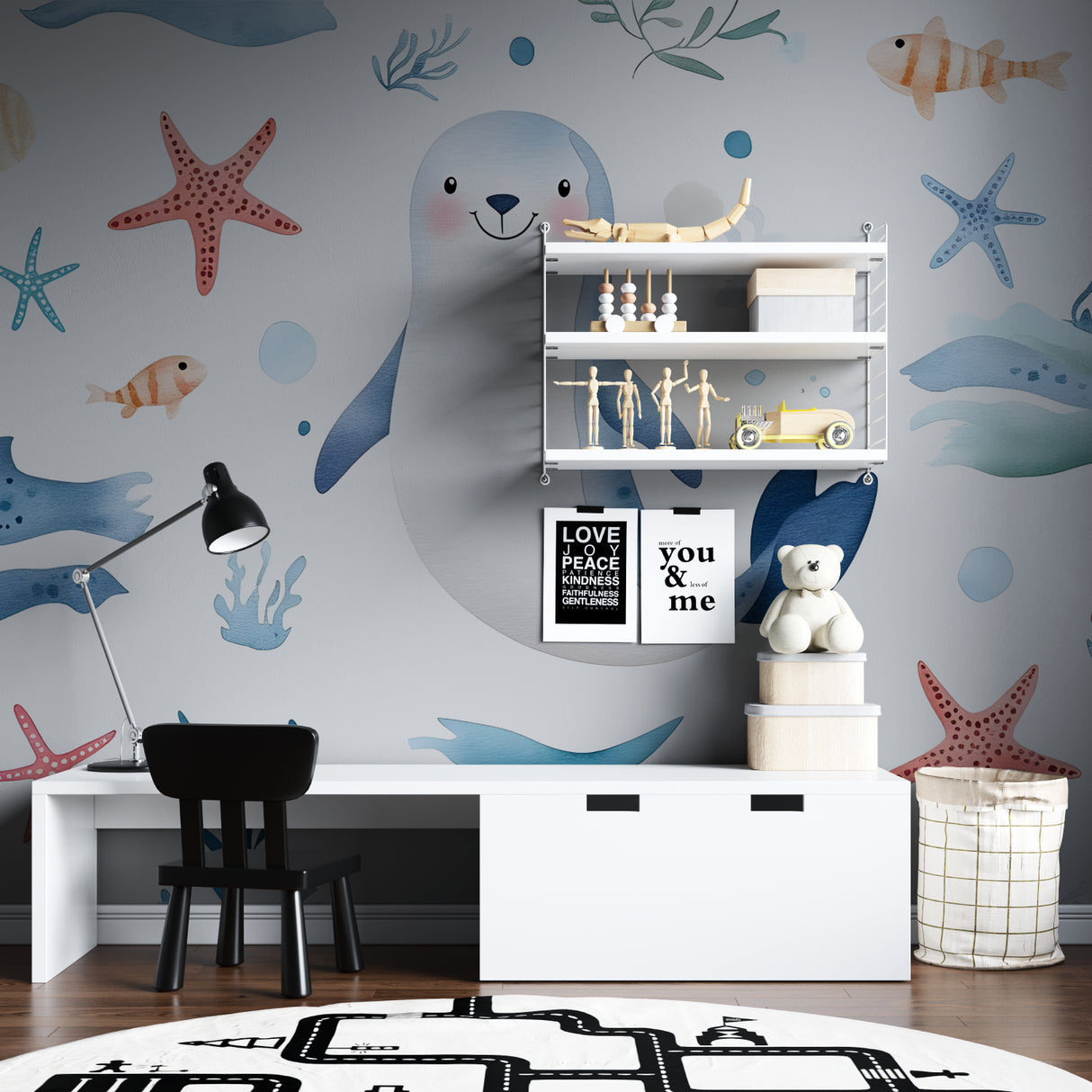Nautical wallpaper detail in bathroom showing seal and starfish pattern texture