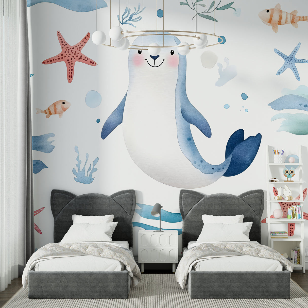 Ocean animals mural in daycare showing full wall installation with natural lighting