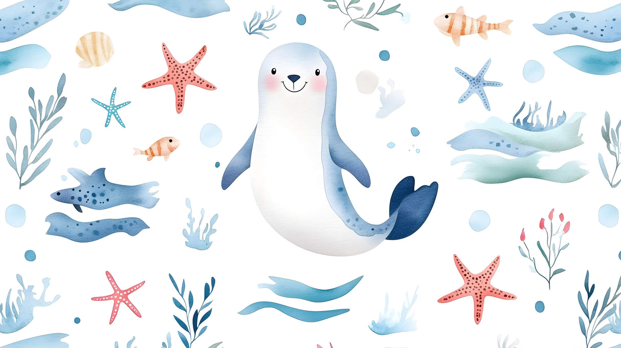 Marine animals wallpaper design file showing seal, starfish, and wave pattern detail