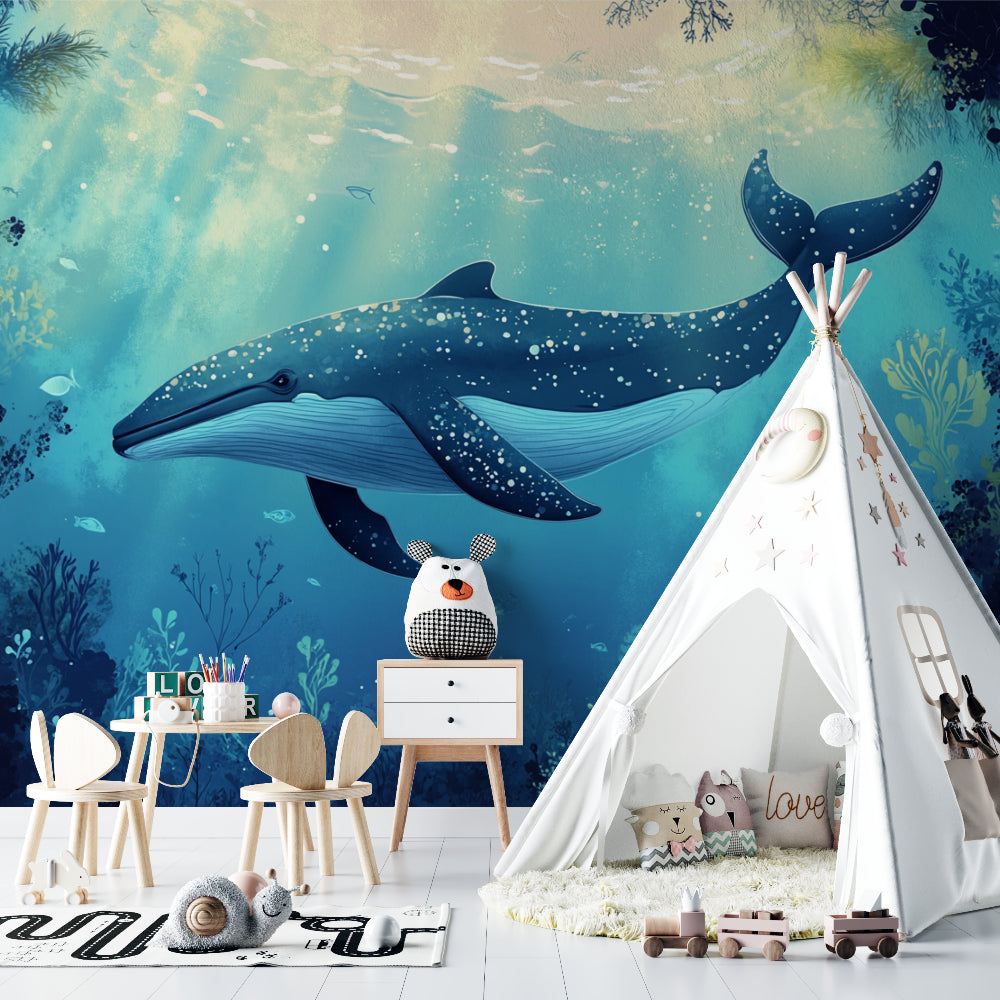 Blue whale wallpaper brightening up a modern playroom space