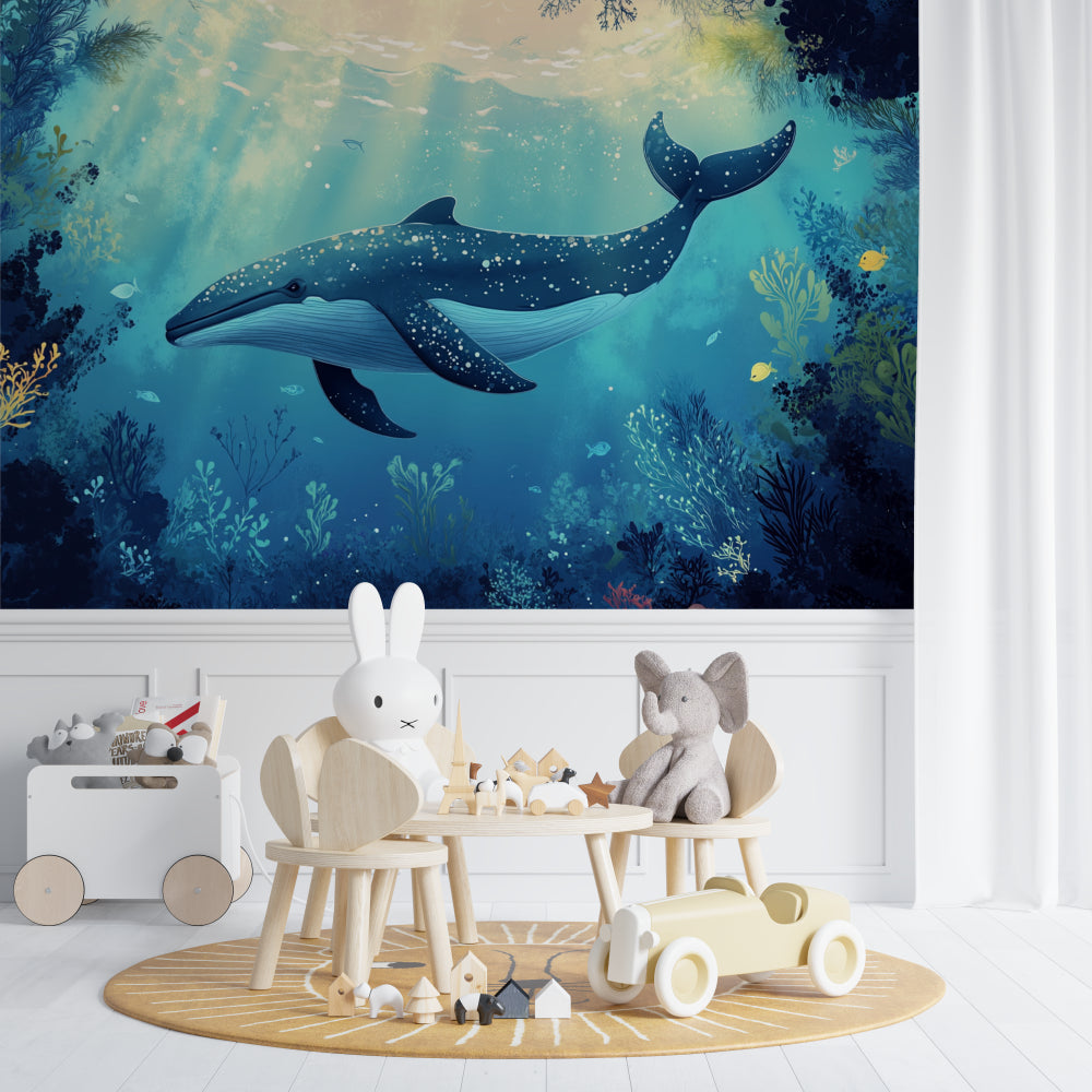 Marine life mural wallpaper in a coastal-themed bedroom setting