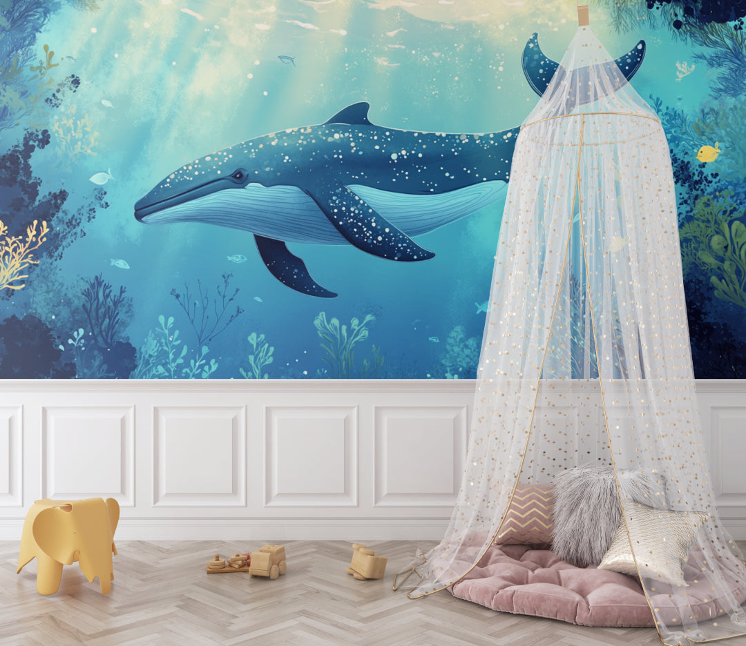 Underwater whale design transforming a reading nook corner