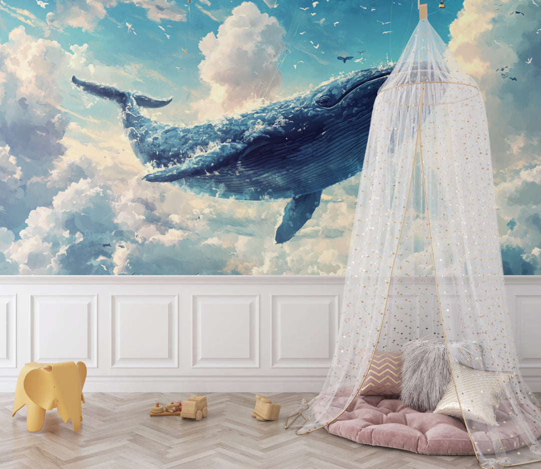 Marine animals wallpaper creating magic in a bright nursery with white furniture and natural light