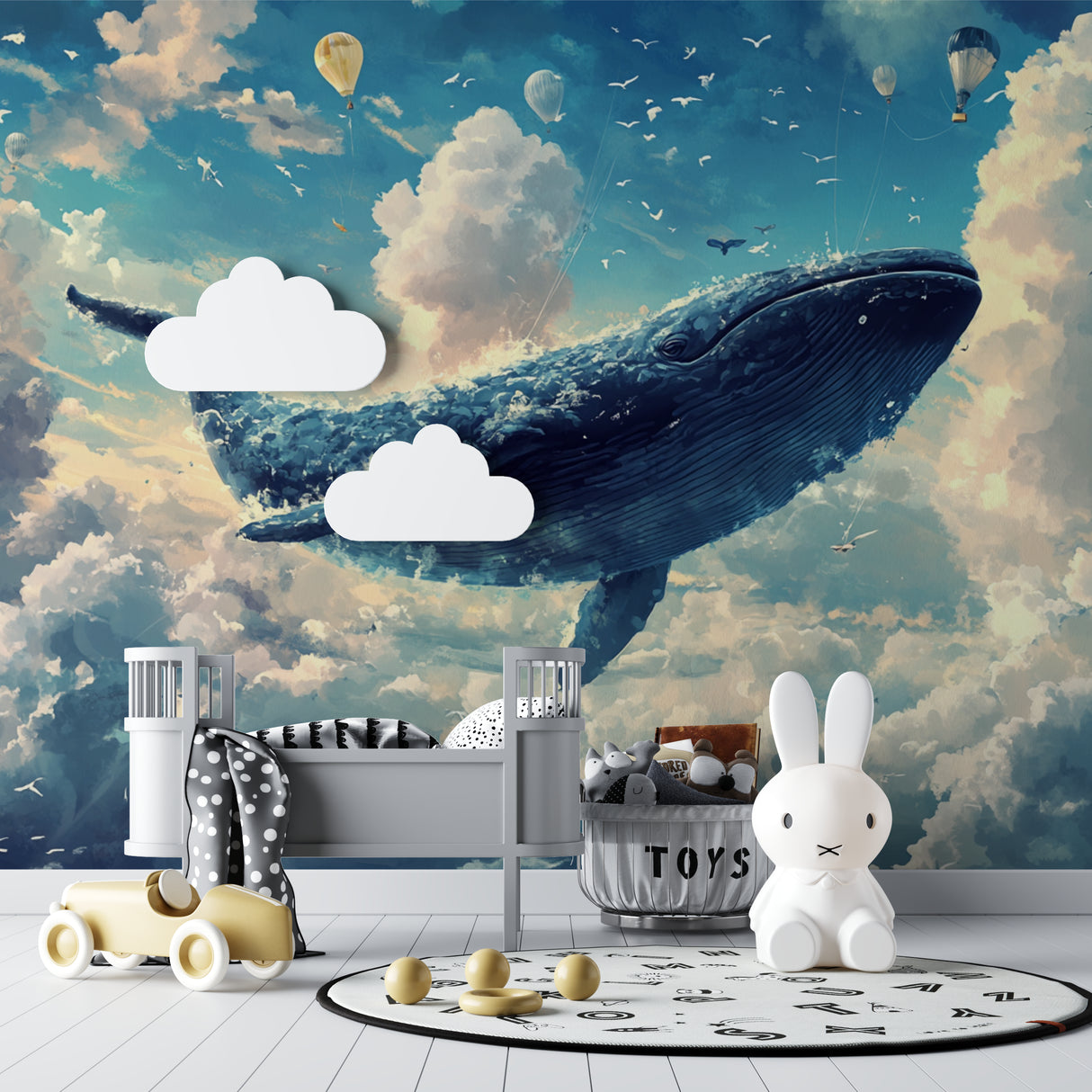 Whale wallpaper mural in a cozy reading nook with floating shelves and soft cushions