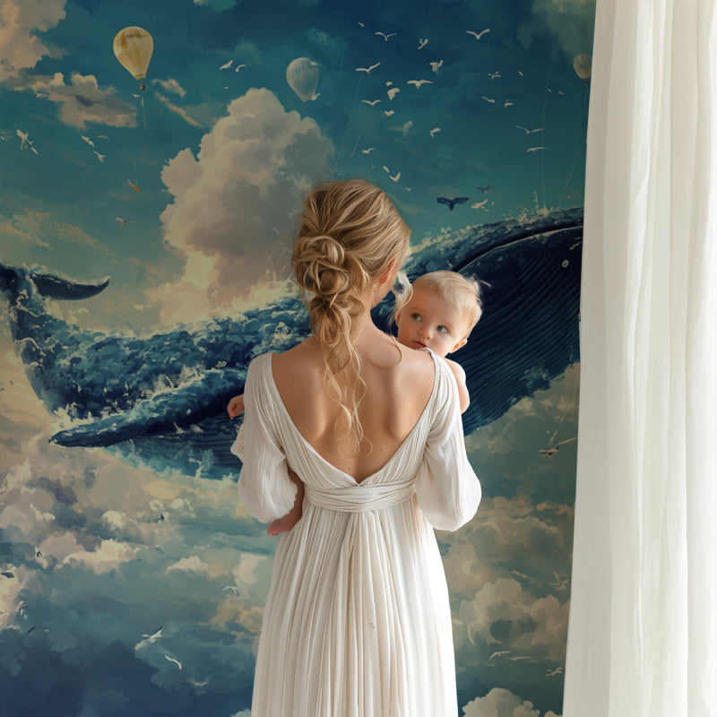 Ocean theme wallpaper bringing calm to a modern kids bedroom with minimalist decor