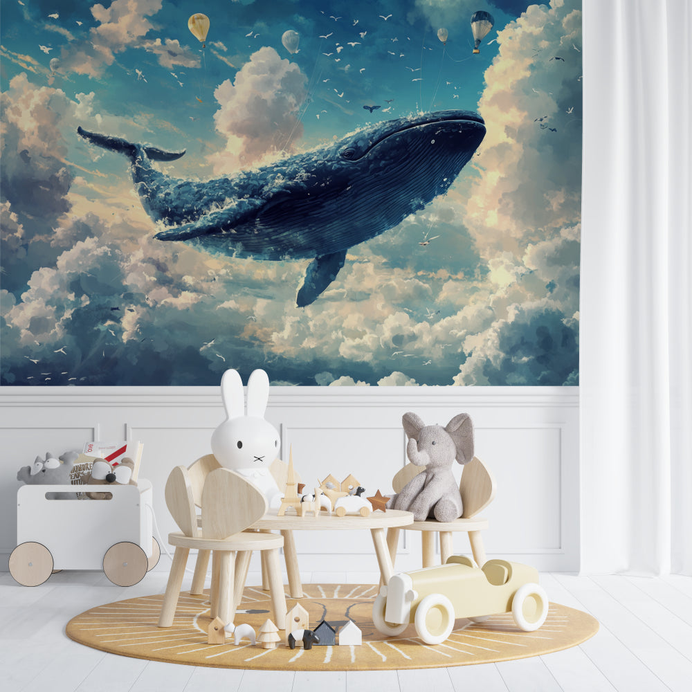 Marine wall mural transforming a playroom with dreamy whale and balloon design