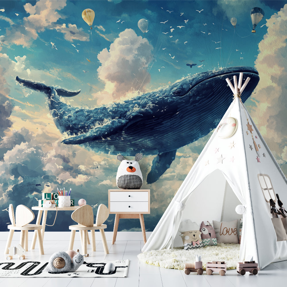 Whale and hot air balloon wallpaper adding wonder to a baby's nursery