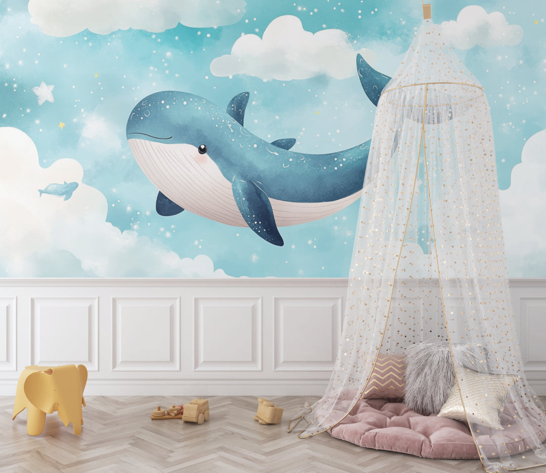 Marine animal wallpaper creating a calm atmosphere in a kids bedroom with reading nook