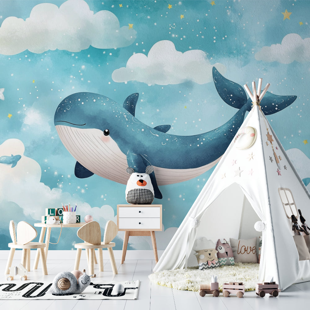 Ocean themed wallpaper in baby nursery showcasing the soft blue tones