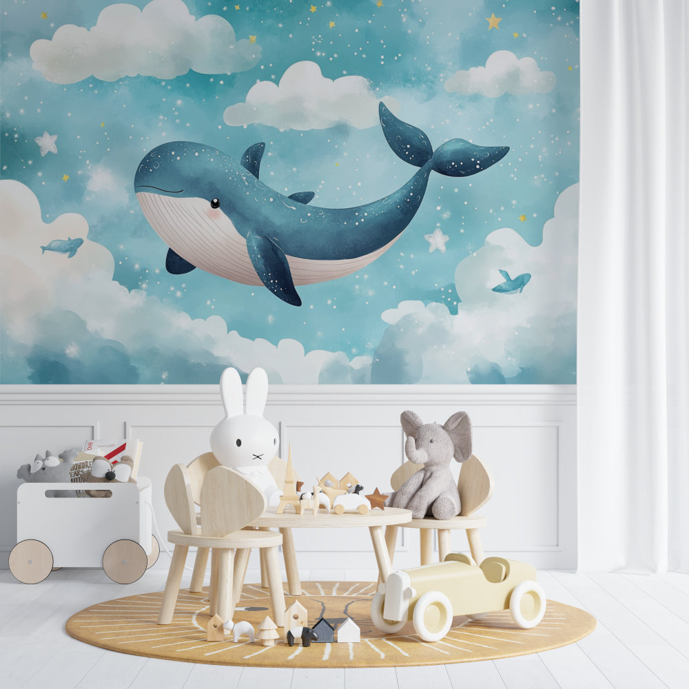 Whale mural installed in child's bedroom displaying the full wall impact