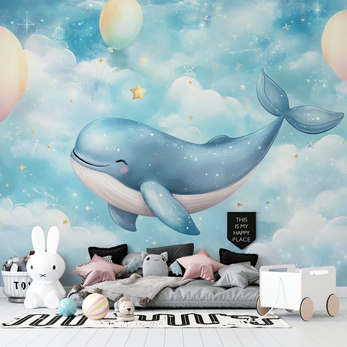 Marine whale wallpaper creating a peaceful atmosphere in a modern nursery with soft lighting