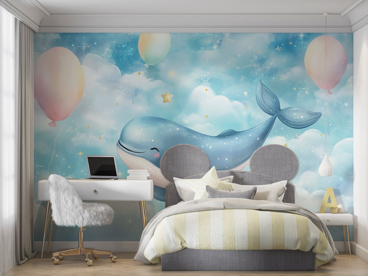 Whale and stars wall mural bringing magic to a child's reading nook