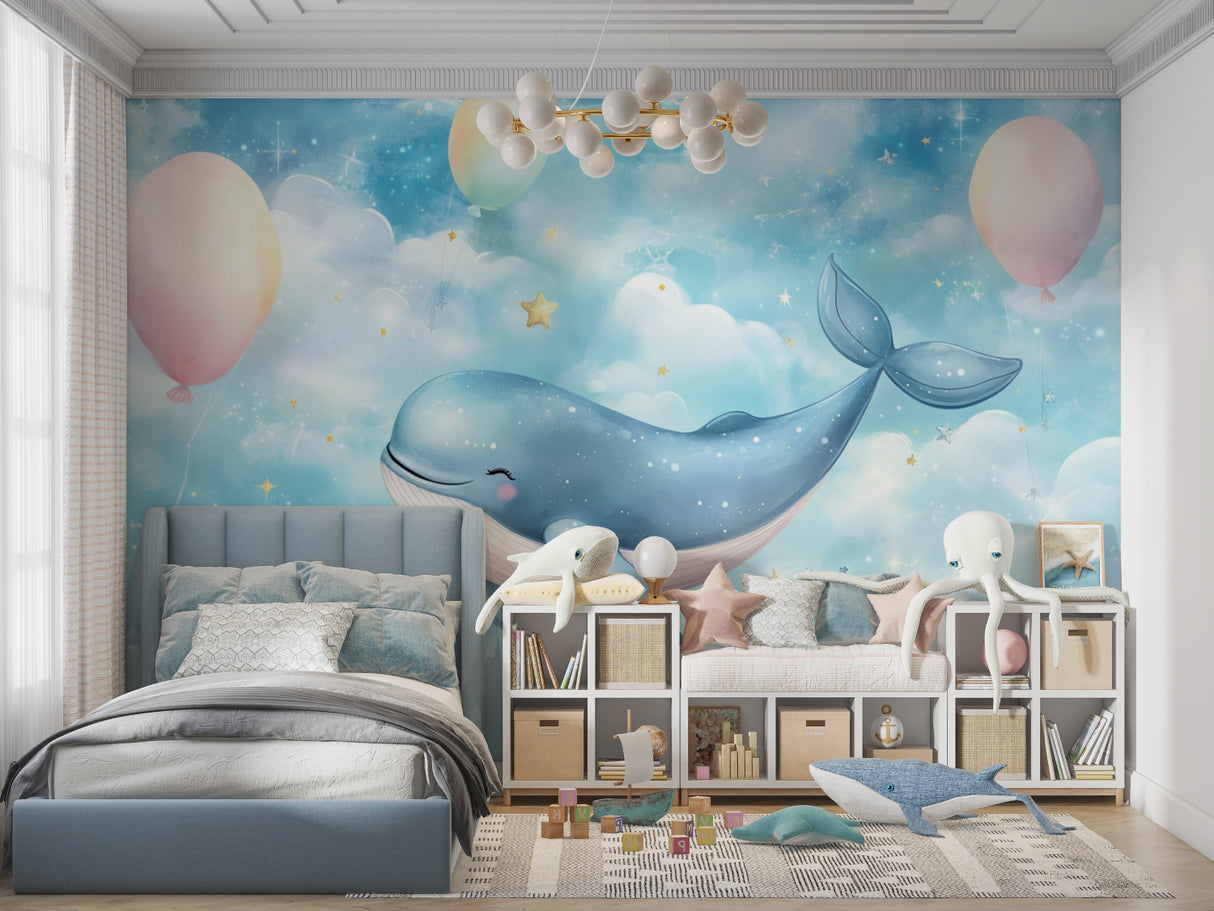 Dreamy marine wallpaper transforming a baby's room with gentle whale design