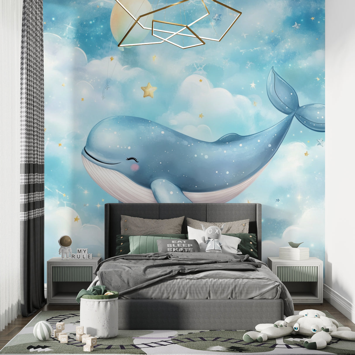 Marine animals wallpaper creating depth in a modern kids bedroom