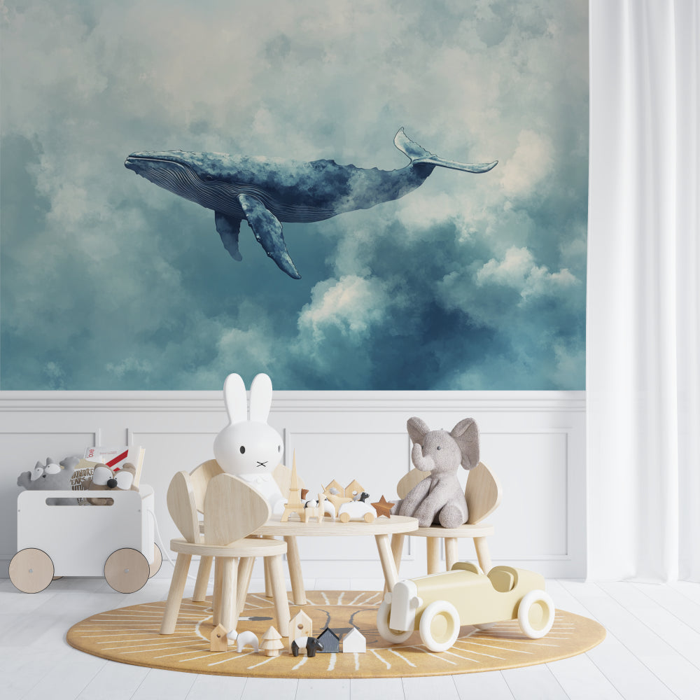 Ocean themed wallpaper creating calm atmosphere in baby's room