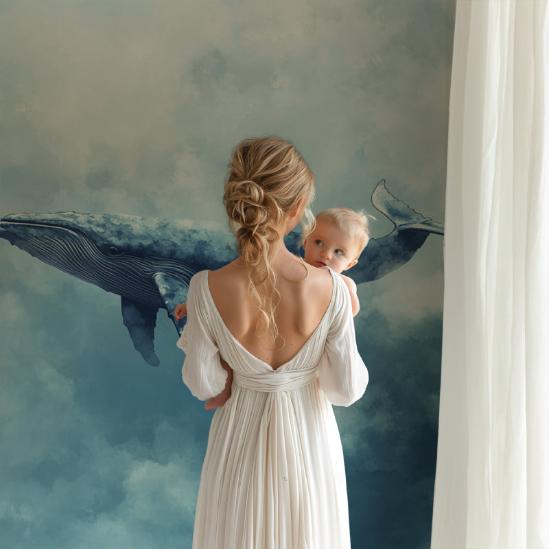 Marine animal wallpaper showcased in playroom with natural lighting