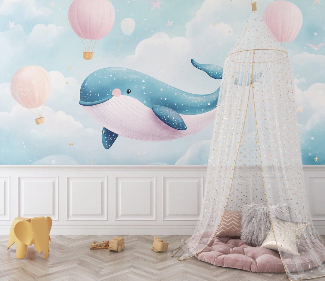 Marine animals wallpaper featuring dreamy whale and pink balloons in a soft, modern nursery setting