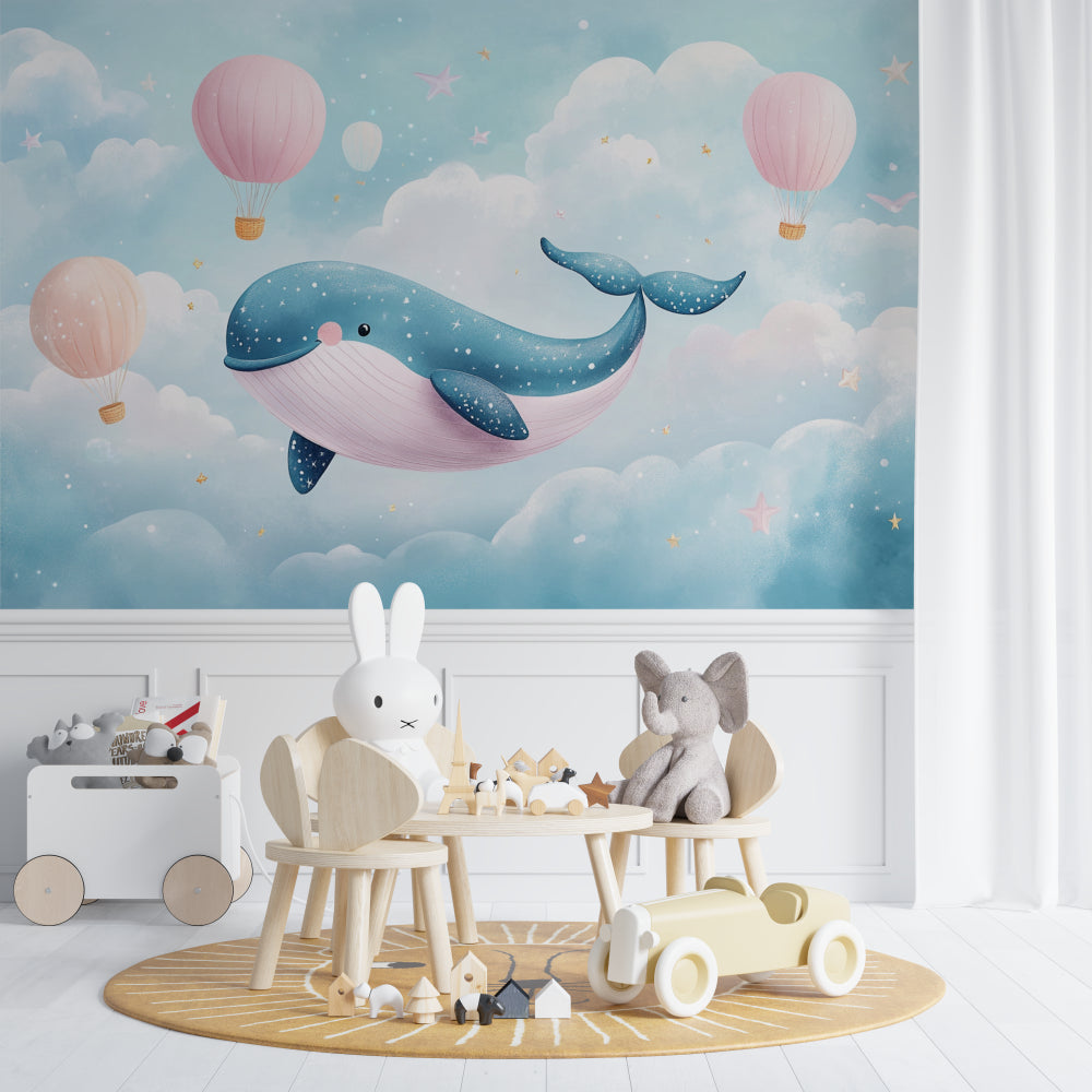 Whale nursery wallpaper shown in a peaceful children's bedroom with pink accents