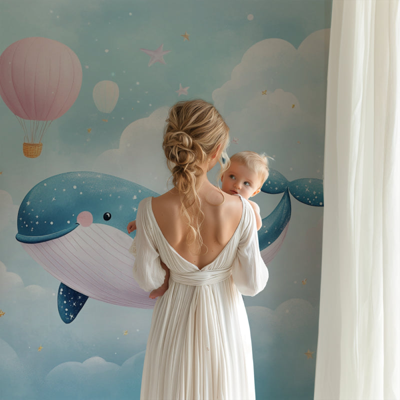 Whimsical whale wall mural creating magic in a baby's reading nook
