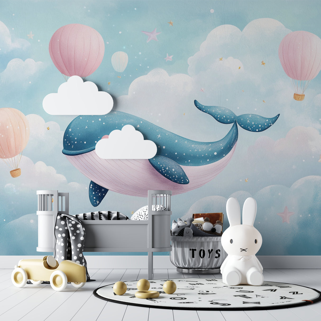 Marine themed wallpaper transforming a playroom with floating whale and balloons