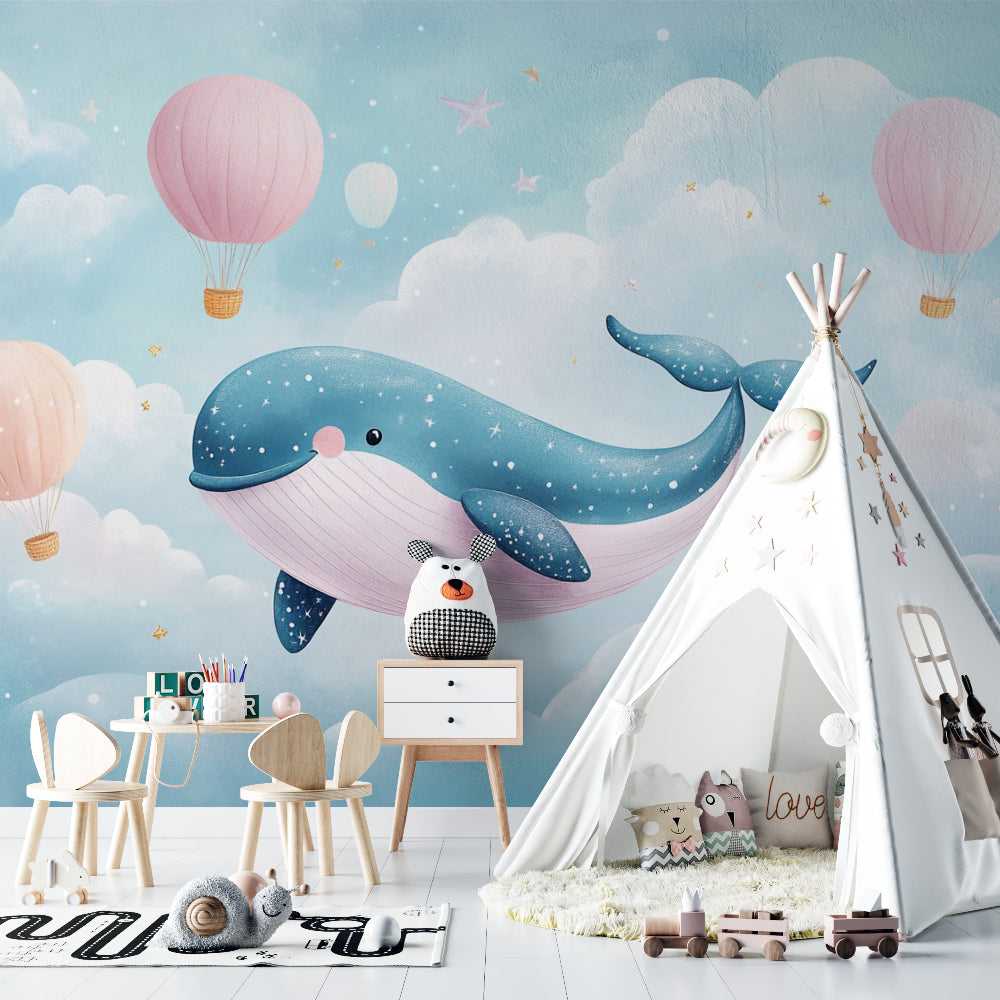 Dreamy whale wallpaper bringing joy to a gender-neutral bedroom space